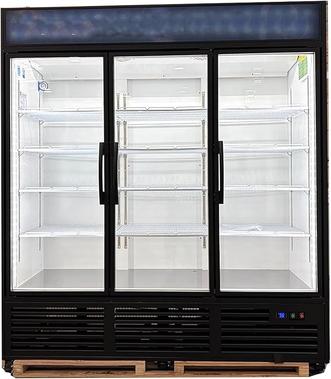 71” Wide Commercial Beverage Refrigerator Display Fridge, Three Glass Door Stainless Steel Merchandiser Drink Cooler With LED Light Adjustable Shelves,ETL Sanitation,63.5 Cu Ft,Black,(Wheels Included)