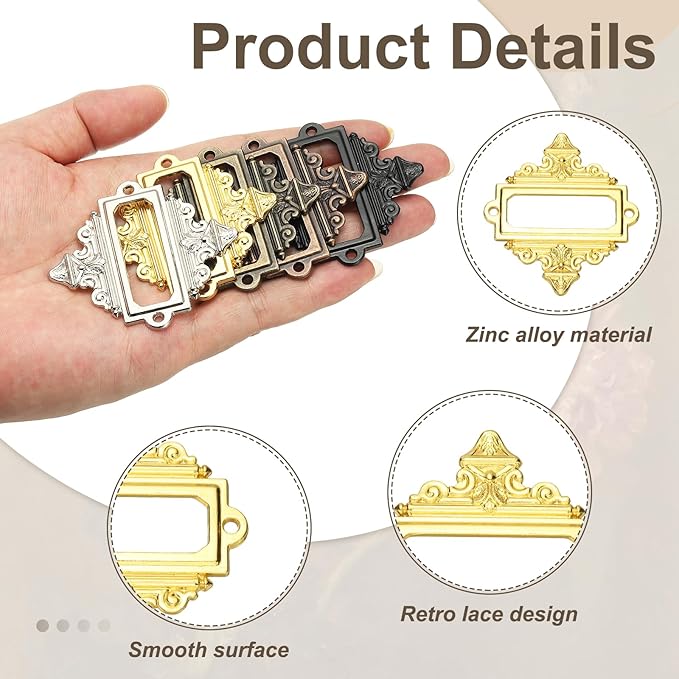 uxcell 10 Pcs Metal Label Holder, 2.2 x 2.4 Inch Small Vintage Card Frame Tag Floral Lace Label Holder with Screws for File Boxes Drawers Door Cabinet Book Shelves, Gold Tone