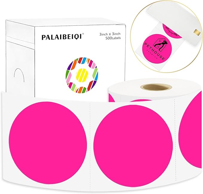 3 X 3 Inch Round Thermal Labels Circle Color Coding Labels Printable Waterproof 500PCS Round Stickers Adhesive Writable for Office, Garage, DIY Sticker, Barcodes, Name Tag, Fluorescent Pink