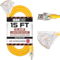IRON FORGE CABLE 15 Foot Lighted Outdoor Extension Cord with 3 Electrical Power Outlets - 12/3 SJTW Heavy Duty Yellow Extension Cable with 3 Prong Grounded Plug for Safety