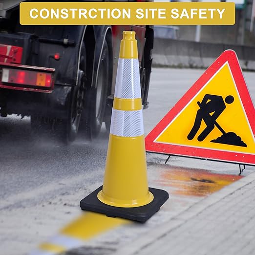 OrangeStar 4-Pack 28" Traffic Cones, Yellow Safety Cones with Reflective Collars, Heavy Duty Base for Construction, Parking Lot, Road Work, Flexible PVC, Indoor & Outdoor Use