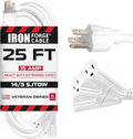 Iron Forge Cable 25ft White Outdoor Extension Cord with 3 Outlets - 14/3 SJTOW Oirl Resistant 15 Amp 25ft Extension Cord 3 Prong - Multiple Outlets with Lighted End