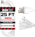 Iron Forge Cable 25ft White Outdoor Extension Cord with 3 Outlets - 14/3 SJTOW Oirl Resistant 15 Amp 25ft Extension Cord 3 Prong - Multiple Outlets with Lighted End