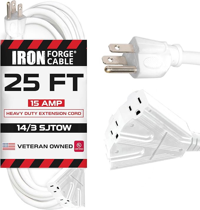 Iron Forge Cable 25ft White Outdoor Extension Cord with 3 Outlets - 14/3 SJTOW Oirl Resistant 15 Amp 25ft Extension Cord 3 Prong - Multiple Outlets with Lighted End