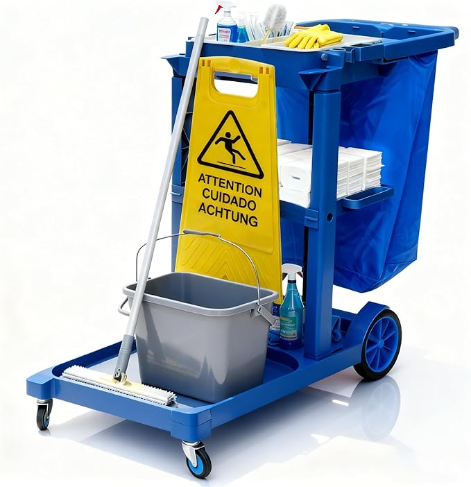 PYY Janitorial Cart - 3-Shelf & 2 Bins Cleaning Carts On Wheels, Smooth Swivel Caster, 65L Collection Bag, 300LBS Load Capacity, Sturdy Cleaning Cart for Housekeeping, Janatorial Cleaning (Blue)