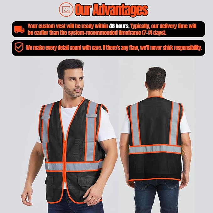 BeautyWill Custom Safety Vest Customized Logo Class 2 High Visibility Reflective Vest with Pockets Construction workwear