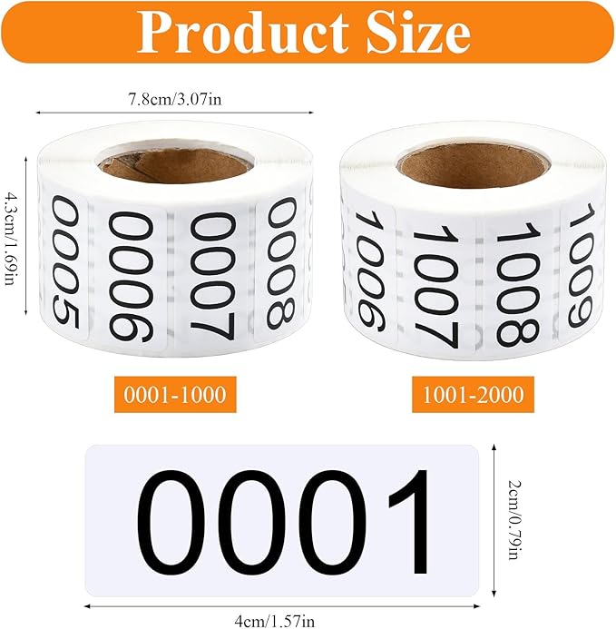 0001-2000 Pieces Inventory Number Sticker, 2 Roll Consecutively Numbered Labels Waterproof Tag, Self-Adhesive Numbered Sticker for Storage Classification Supplies (1.5 x 0.79 Inch)