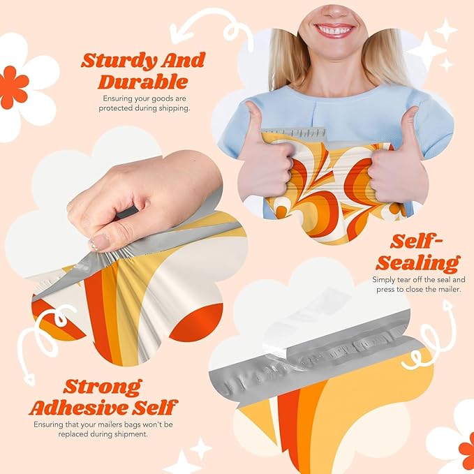 Metronic Poly Mailers 10x13" 1200pc Orange Flower, Small Shipping Bags for Clothes, Self Seal Shipping Envelopes for Small Business,Waterproof Mailers Poly Bags for Shipping,Packaging Mailing Bags