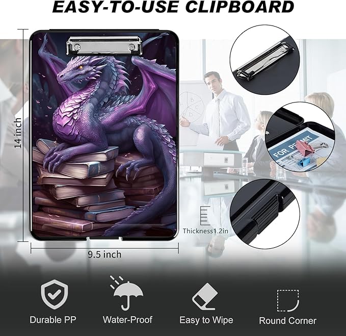 Clipboard with Storage, Hard Letter A4 Size Clip Board with Pen Holder & Paper Organizer, Heavy Duty Portable Writing Pad for Nurses Students Teachers Office Jobsite Contractor, Purple Dragon Book