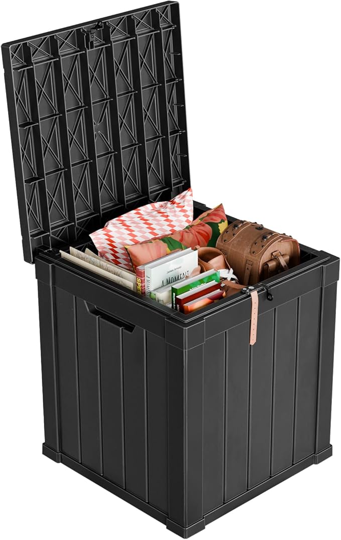 51 Gallon Resin Deck Box, Lockable Patio Outdoor Storage Box for Furniture, Garden Tools and Tools Storage, Waterproof Outside Storage Boxes - Black