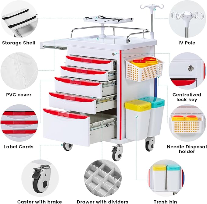 Medical Cart, Rolling Medication Carts with Silent Wheels, Adjustable IV Pole, Trash Bin & O2 Holder, Needle Disposal Holder - Ideal Nursing Trolley for Clinics, Hospitals, Salon