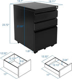 Mount-It! 3 Drawer File Cabinet with Lock and Wheels, Heavy-Duty Steel Rolling Drawer Cabinet, Fully Assembled Under Desk Filing Cabinet for Home Office Storage, 15.3" W x 19.75" D x 24.5" H, Black
