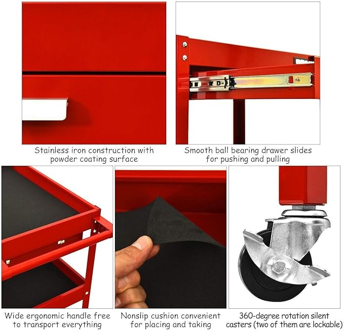 ERGOMASTER Metal Service Utility Cart with Wheels - 500LBS Tool Cart Heavy Duty Rolling 3-Tier Storage Organizer, for Garage Industrial Cart (Red)