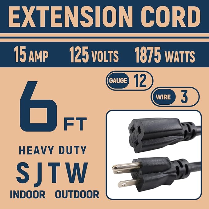 12 Gauge Indoor Outdoor Heavy Duty Black Extension Cord 6 FT, 12 AWG SJTW Electrical Cable, Weather-Resistant Power Cord, Great for Gardenfor, Offices and Lawns
