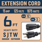 12 Gauge Indoor Outdoor Heavy Duty Black Extension Cord 6 FT, 12 AWG SJTW Electrical Cable, Weather-Resistant Power Cord, Great for Gardenfor, Offices and Lawns