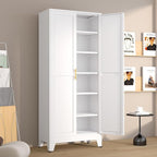 Metal Pantry Cabinet with 2 Doors and 5 Adjustable Shelves, 75"Kitchen Storage cabinets with Gold Handles, Versatile Storage for Laundry Room, Living Room, Bathroom, Dinning Room, Utility Room-White