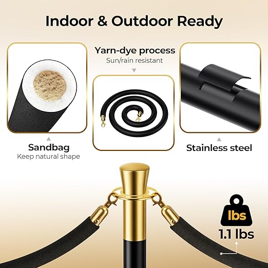 16pcs Sturdy Stanchion Posts, 16pcs High Quality Black Velvet Ropes, Water/Sand/Concrete Fillable Leakproof Base, Crowd Control Barriers for Birthday, Prom, Business, Wedding, Red Carpet