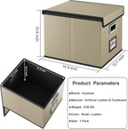 Huolewa Faux Leather File Organizer Box with Lid, Collapsible Hanging File Folder Box Organizer with Plastic Slides, Decorative Home/Office Filing System Boxes for File and Folder Storage-Khaki