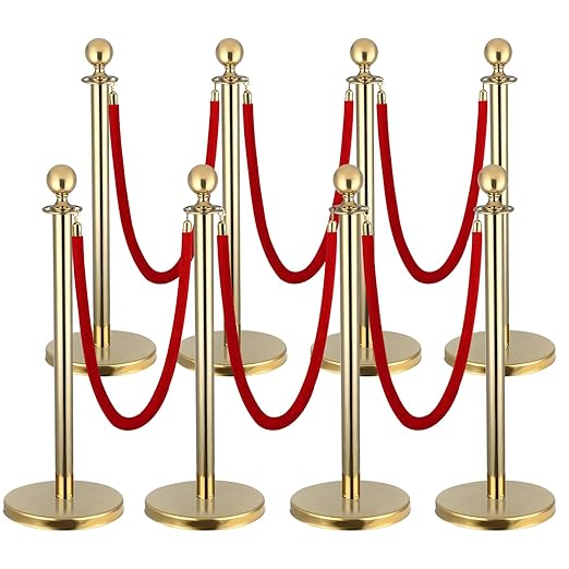 8 PCS Stainless Steel Stanchion Post,5Ft Red Velvet Rope, Hollow Base and Velvet Ropes Safety Barriers Set, Poles Crowd Control Barriers for Red Carpet Themed Decoration (8)