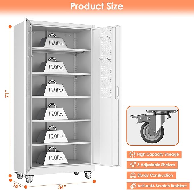 Aobabo Upgrade 71H''*34''W*18''D Metal Garage Storage Cabinet with Wheels and Pegboards, 5 Adjustable Shelves Steel Storage Cabinets for Home,Warehouse,Garage,Assembly Required,White