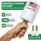 5" x 1000' Industrial Strength Mini Stretch Wrap with Extended Core Handles, Ready to Use Pack of 4 Clear Stretch Film Rolls, 80 Gauge, 500% Elongation - Shrink Wrap for Moving, Packing
