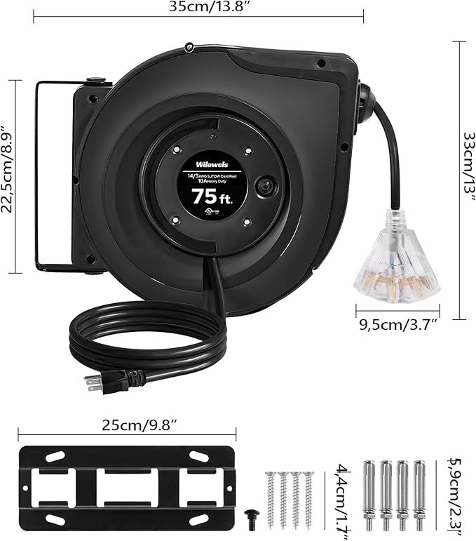 Retractable Cord Reel, 75 FT Heavy Duty Extension Cord, 14AWG/3C SJTOW, 3 Grounded Outlets Lighted Triple Tap, 10A Circuit Breaker, Wall/Ceiling Mounted, UL Listed, Black H75CR06