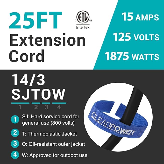 Clear Power 25ft Oil Resistant Heavy Duty Extension Cord 14/3 SJTOW, 3 Prong Grounded Plug, 15-Amp Power Cord for Farms and Ranches, Black, DCOC-0082-DC