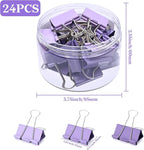 Temiary Aesthetic Binder Clips, 24 Pcs 1.26 Inches Small Metal Binder Clip with Clear Storage Container, Binding Paperwork Clamps for School Teachers Office Supplies (Purple)