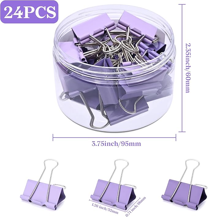 Temiary Aesthetic Binder Clips, 24 Pcs 1.26 Inches Small Metal Binder Clip with Clear Storage Container, Binding Paperwork Clamps for School Teachers Office Supplies (Purple)