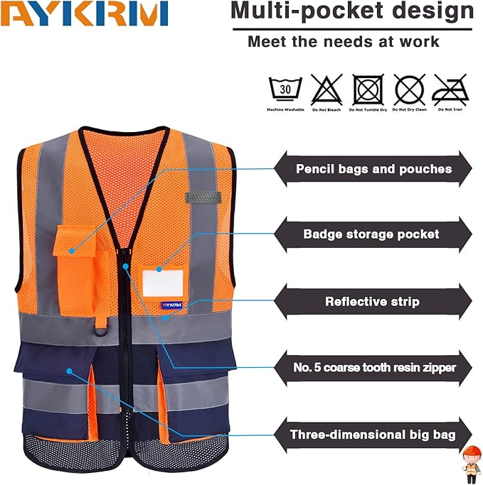 A-SAFETY High Visibility Mesh Safety Reflective Vest with Pockets and Zipper,Hi Vis Viz Reflective Safety Vest(Orange&Navy Mesh L)