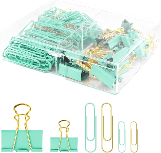 Cute Paper Clips Binder Clips Combo Set, 165 Psc, Assorted Size Paper Clips for Office, Cute Office Supplies Set, Green