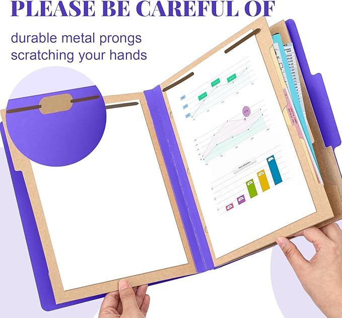 12 Pcs Classification Folders Letter Size 3 Pocket Dividers Employee File Folder with 2 Prongs Fasteners, 2 in Expansion Heavy Duty Pressboard File Holder for School Office Medical Document(Purple)
