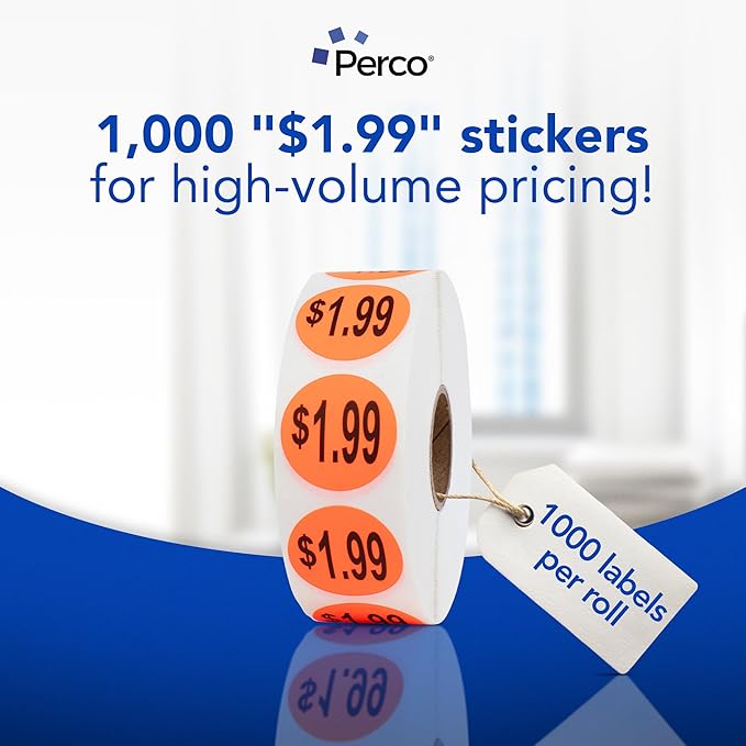 Perco Fluorescent Red 1-Inch Circle $1.99" Promotional Sale Labels—1,000 Stickers/Roll—Ideal for Retail Merchandising, Storefronts, Sales Events, Flea Markets, Discount Marking, Clearance—Made in USA
