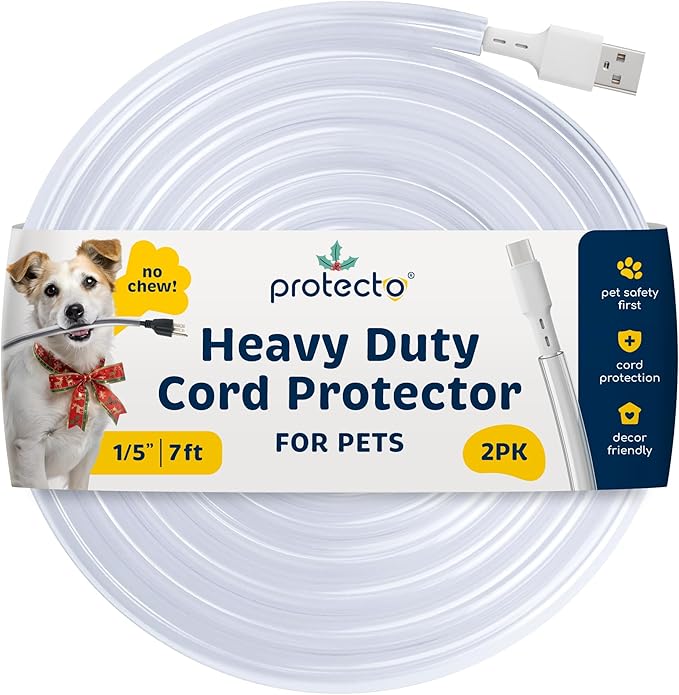 PROTECTO 2-Pack Heavy Duty Cord Protectors from Pets No Chew Solution, 7ft Easy to Use Dog & Cat Cord Protector, Clear & Odorless Critter Cord Covers for Pets, Power Audio Video Wire Protector Tubing
