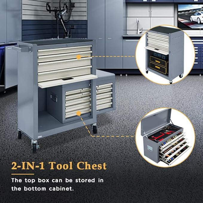 13-Drawer Rolling Tool Chest, 2 in 1 Side-Opening Tool Chest,Tool Box with Drawers and Wheels, Large Tool Cabinet with Lock, Metal Standing Toolbox for Garage Workshop-Side Gray