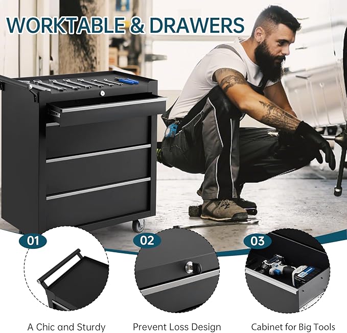 Heavy-Duty 4-Drawer Rolling Tool Chest with Locking System, Portable Tool Storage Cabinet with Wheels & Drawer Liners, Steel Tool Organizer Cart for Garage Workshop Tools, Black Finish