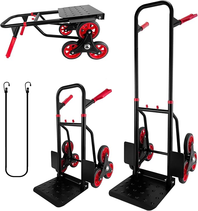 Stair Climber Hand Truck Dolly, Heavy Duty 440 Lb Capacity Trolley Cart with Telescoping Handle and Rubber Wheels 6 Rubber Wheels and Rope for Moving Logistics Warehouse