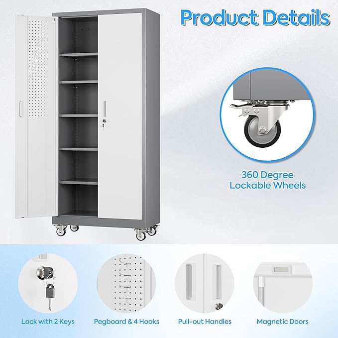 Metal Garage Storage Cabinet with Wheels, 71" H×32" W×16" D Metal Storage Cabinet with 5 Adjustable Shelves,Pegboard and Lockable Doors for Garage Home Office Utility Room,Required Assembly