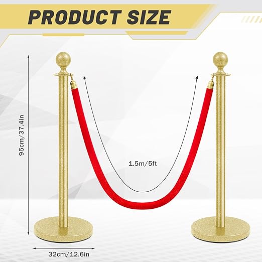 Ferraycle 4 Pcs Stainless Steel Stanchions Post Queue 38 Inch, 5 ft Velvet Carpet Ropes and Pole, Control Barriers for Wedding Birthday Party Decoration Sand Injection Hollow Base Set (Glitter Gold)