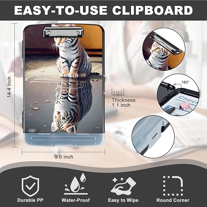 Clipboard with Storage,Heavy Duty Plastic Storage Clipboard with Low Profile Clip,Teacher Must Haves,Office Supplies,Cute Tiger