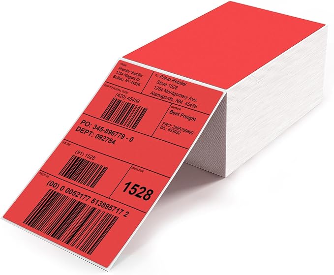 Red Direct Thermal Labels 4 × 6 Inch Vinyl Self-Adhesive Fanfold Shipping Stickers Waterproof Perforated Printer Decal for Office School Warehouse 500 PCS