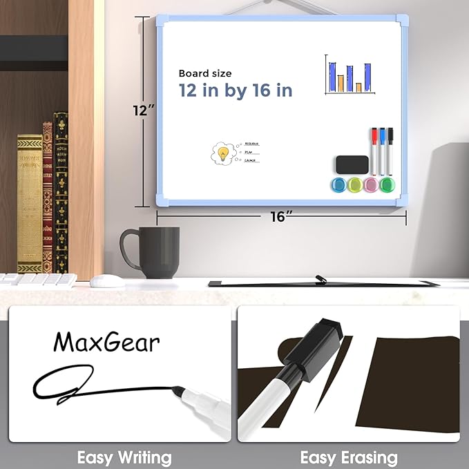 MaxGear Double-Sided Dry Erase Board for Wall, 16"x12" Hanging Whiteboard, Small Dry Erase White Board kit, Portable Whiteboard for Planning, Drawing, Memo, to Do List, Blue Frame