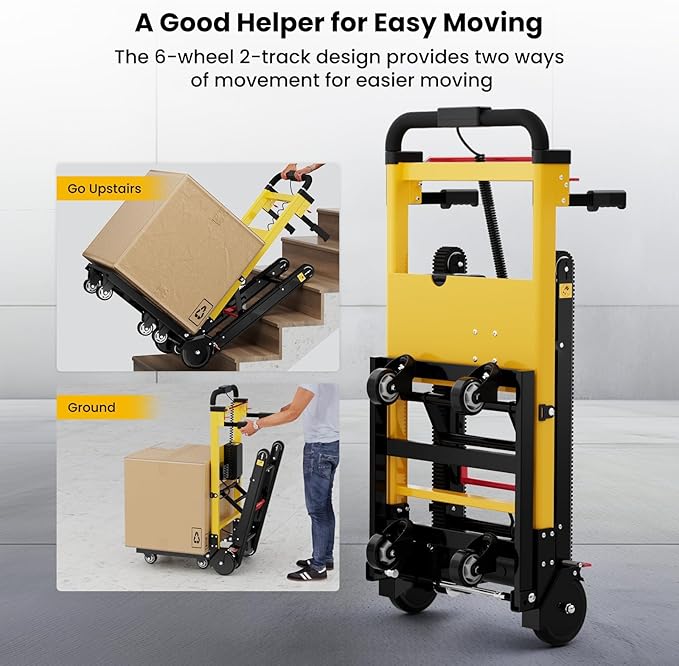Electric Stair Climbing Dolly, Heavy Duty, Powered Stair Climber Dolly Cart with 6 Wheels Motor Powered for Furniture Logistics Warehouse, Black & Yellow, 120W