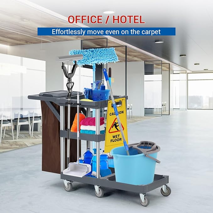 Heavy-Duty Cleaning Cart with Wheels & Shelves, 3-Tier Rolling Service Cart for Janitorial Supplies, 300 Lbs Capacity Mobile Utility Cart for Office & Housekeeping