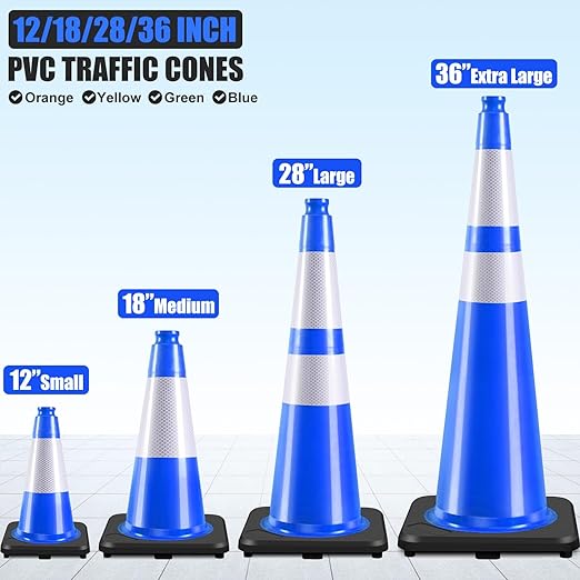6 Pack 18" Inch Blue PVC Traffic Cones with Heavy-Duty Base, High-Visibility All-Weather Safety Cones for Road Construction, Parking Lot, and Garage Use (6, Blue, 18" Medium)