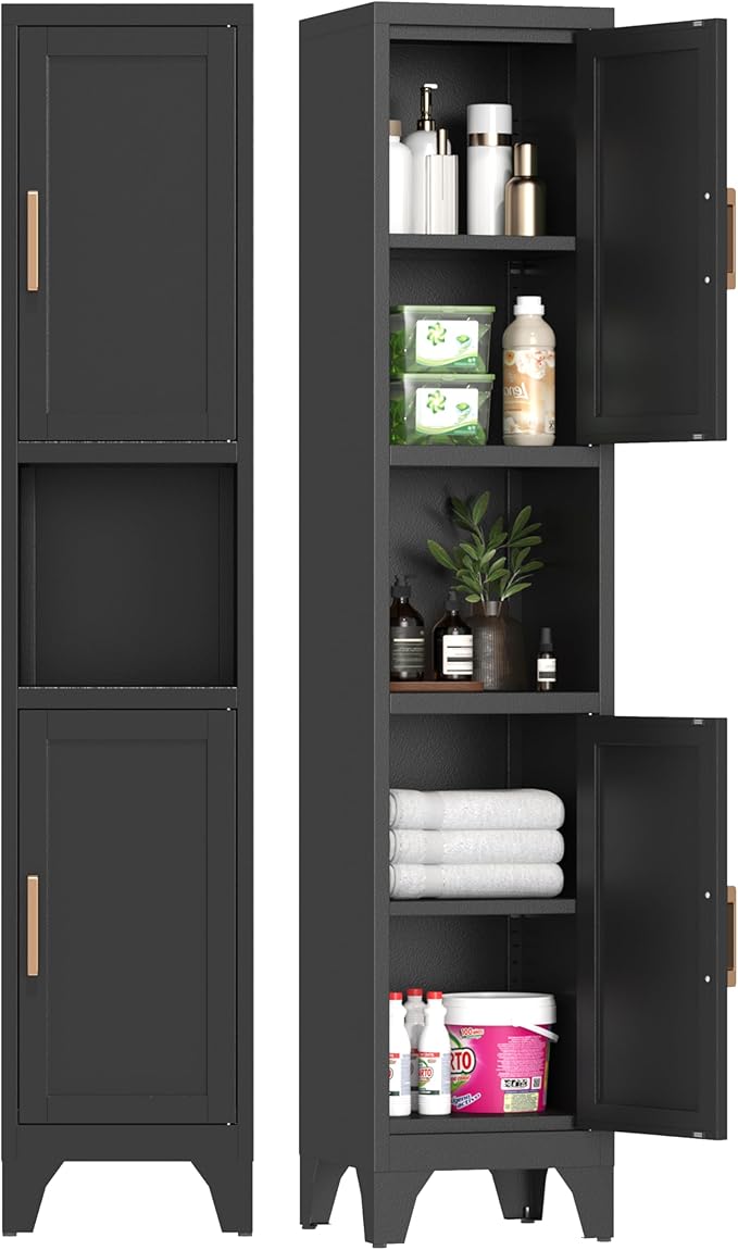 Tall Bathroom Storage Cabinet,Metal Slim Narrow Bathroom Organizer with Open Shelves and Adjustable Shelving,Ideal for Small Spaces,Living Rooms, Entryways, Kitchens - Assembly Required (Black)