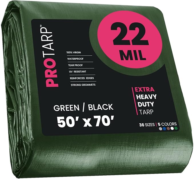 PROTARP Extreme Heavy Duty 22 Mil Tarp Cover, Waterproof, UV Resistant, Rip and Tear Proof, Poly Tarpaulin with Reinforced Edges for Roof, Camping, Patio, Pool, Boat. (Green/Black 50′ X 70′)