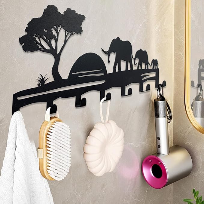 Elephant Family Metal Key Hook Rack - African Savannah Sunset Wall Decor - Practical and Artistic Key Organizer, Hallway, Kitchen, Office