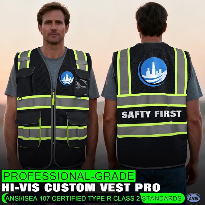 BeautyWill Custom Logo 10 Pockets Safety Vest Class2 ANSI Certified High Visibility Reflective Vest