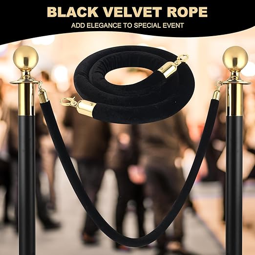 Velvet Stanchion Rope, 5 Feet Crowd Control Stanchion Ropes Safety Barrier with Gold Plated Hook for Carpet Events Movie Theaters Grand Openings Hotels Party(Black) (4)